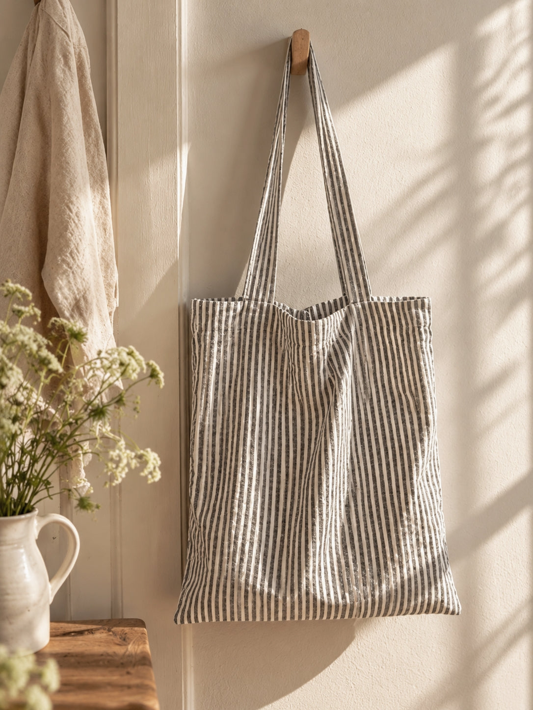 Thin Black Stripe Linen Tote Bag