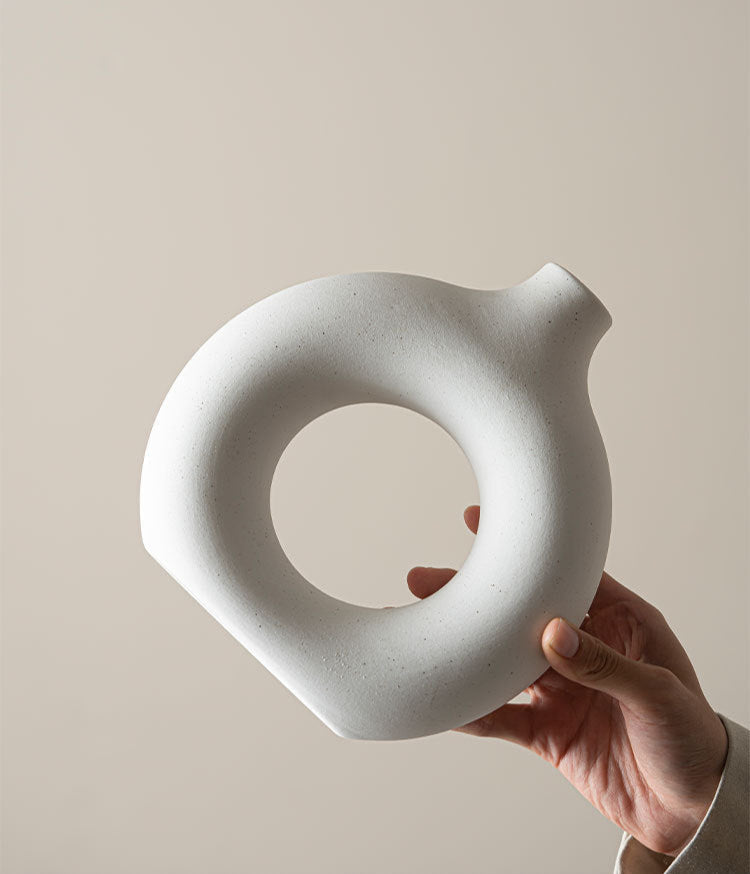 Modern Nordic Circle Ceramic Vase โ Minimalist Hollow Sculpture Vessels for Home Decor