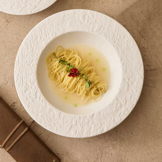 "Phantom Sand" Wide-Rim Soup Plate – Pure White Ceramic Pasta Bowl