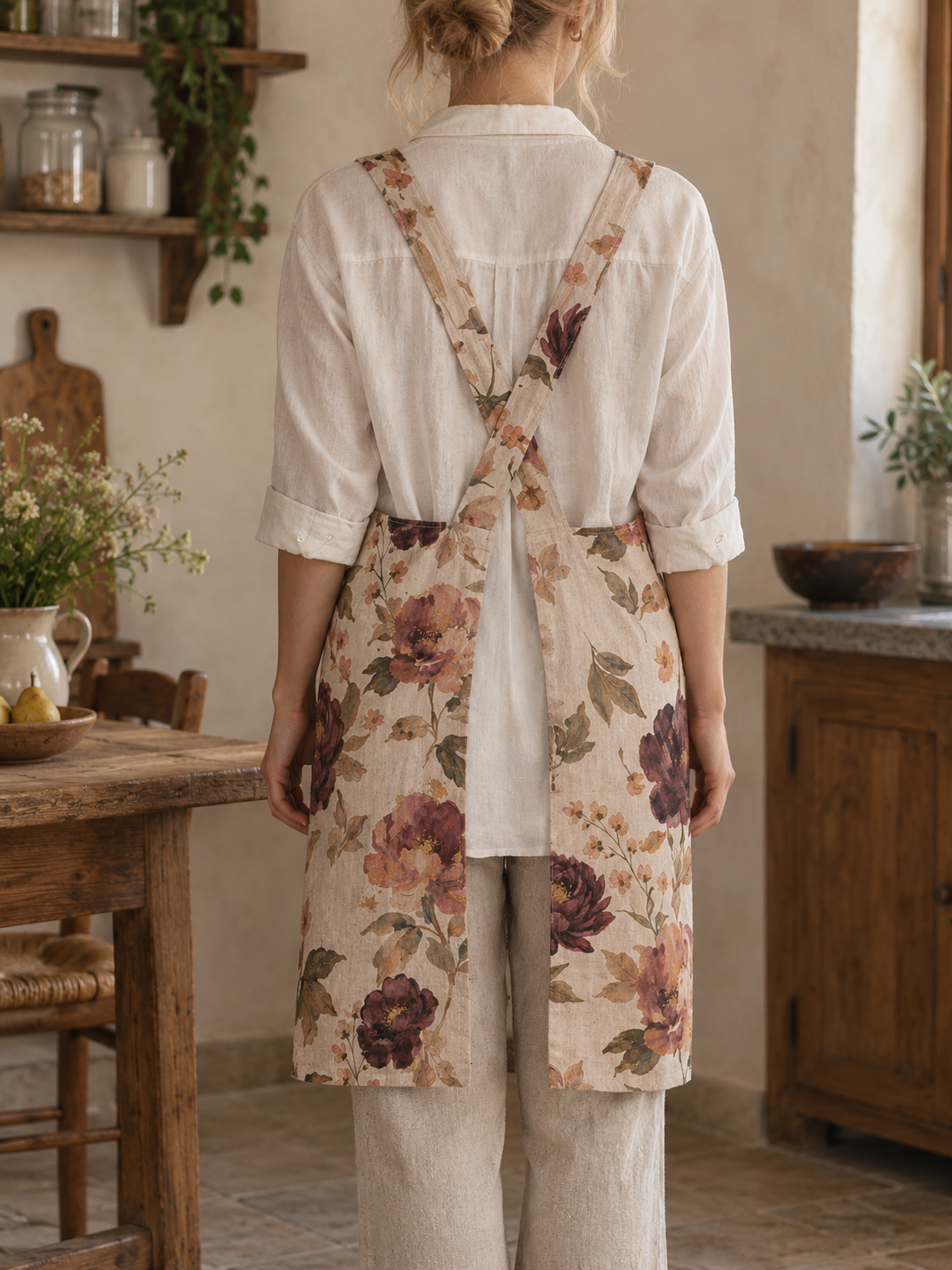 Vintage Roses Washed Linen Crossback Apron Set of 2
