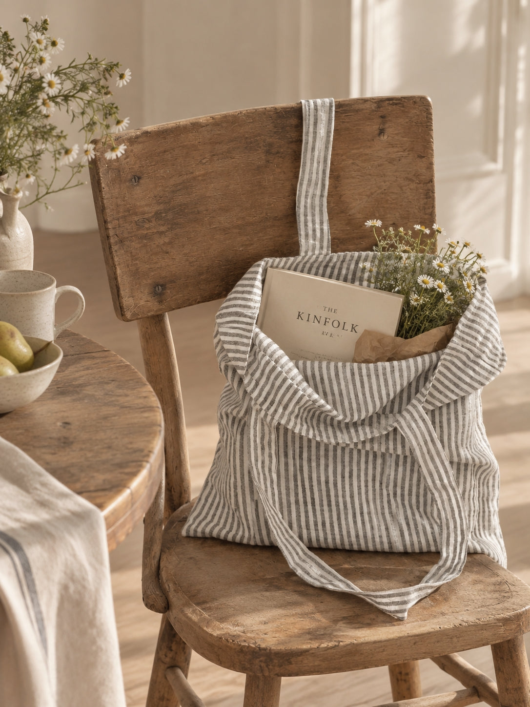 Thin Black Stripe Linen Tote Bag