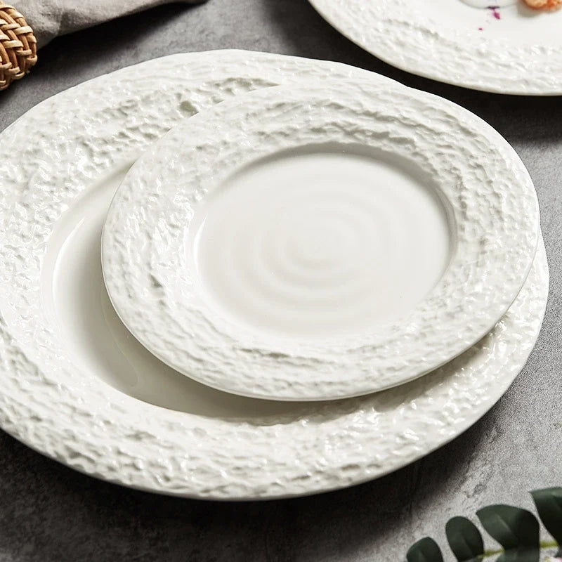 Creative Textured Ceramic Plate with Stone-Edge Design – Available in 3 Sizes