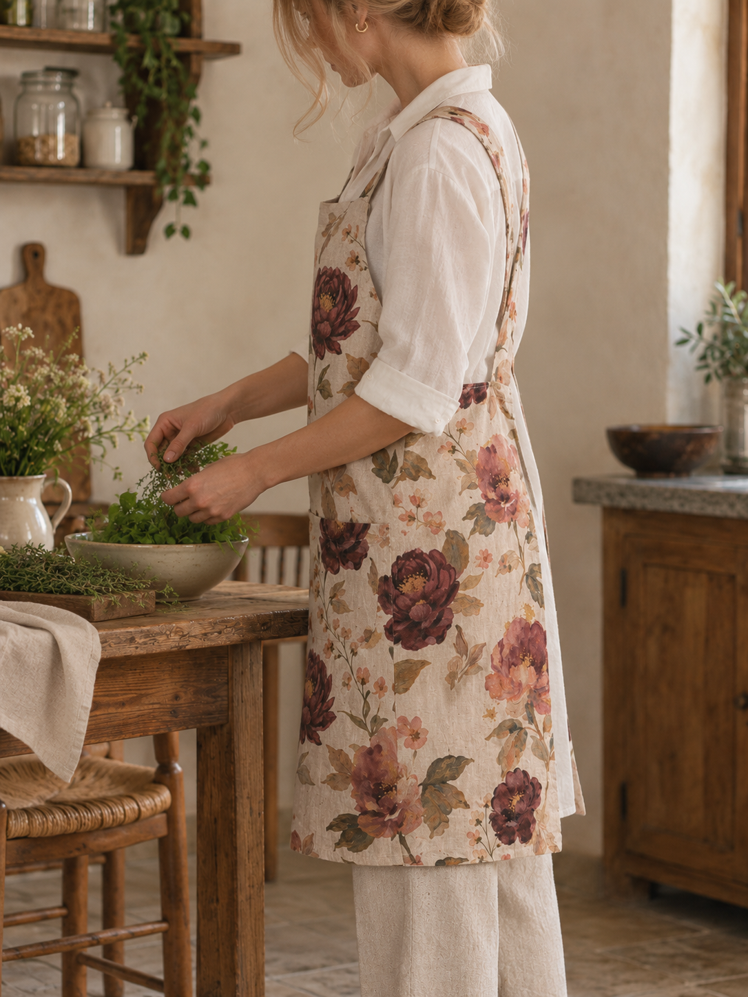 Vintage Roses Washed Linen Crossback Apron Set of 2