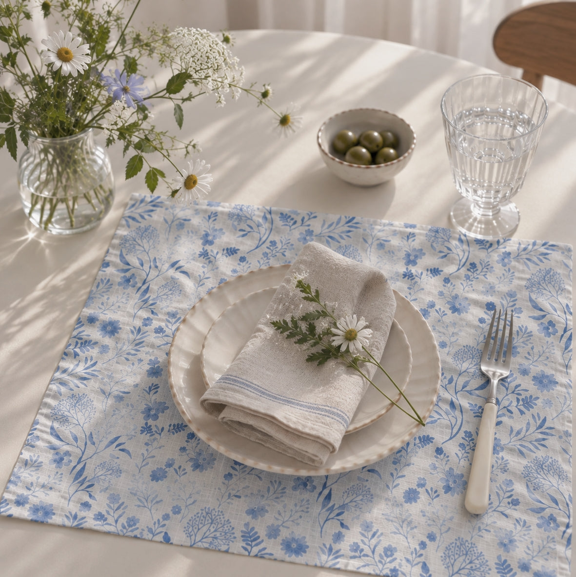 Botanical Blue Linen Placemats – Set of 6